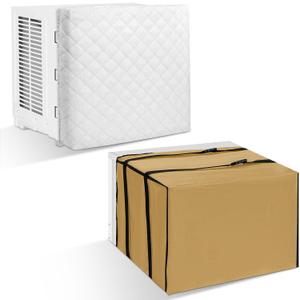 2 Pcs Window Air Conditioner Cover Indoor Outdoor Adjustable Waterproof Window Ac Cover Outdoor with Drawstring for Winter(White & Khaki,Inside 21 x 15 x 3.5 in, Outside 21 x 16 x 15 in)