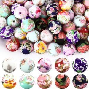 Ferreve 60 Pcs 15mm Silicone Beads Bulk Spring Flower Print Round Focal Beads Rubber DIY Silicone Loose Bead for Bracelet Making Kit for Keychain Pens Necklace Bracelets Jewelry Making