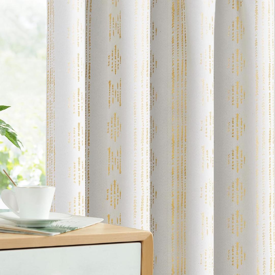 Vangao 100% Blackout Curtains for Bedroom Boho Curtains 84 Inches Long for Living Room Golden Geometric Foil Printed Room Darkening Thermal Insulated Window Drapes Off White 2 Panels