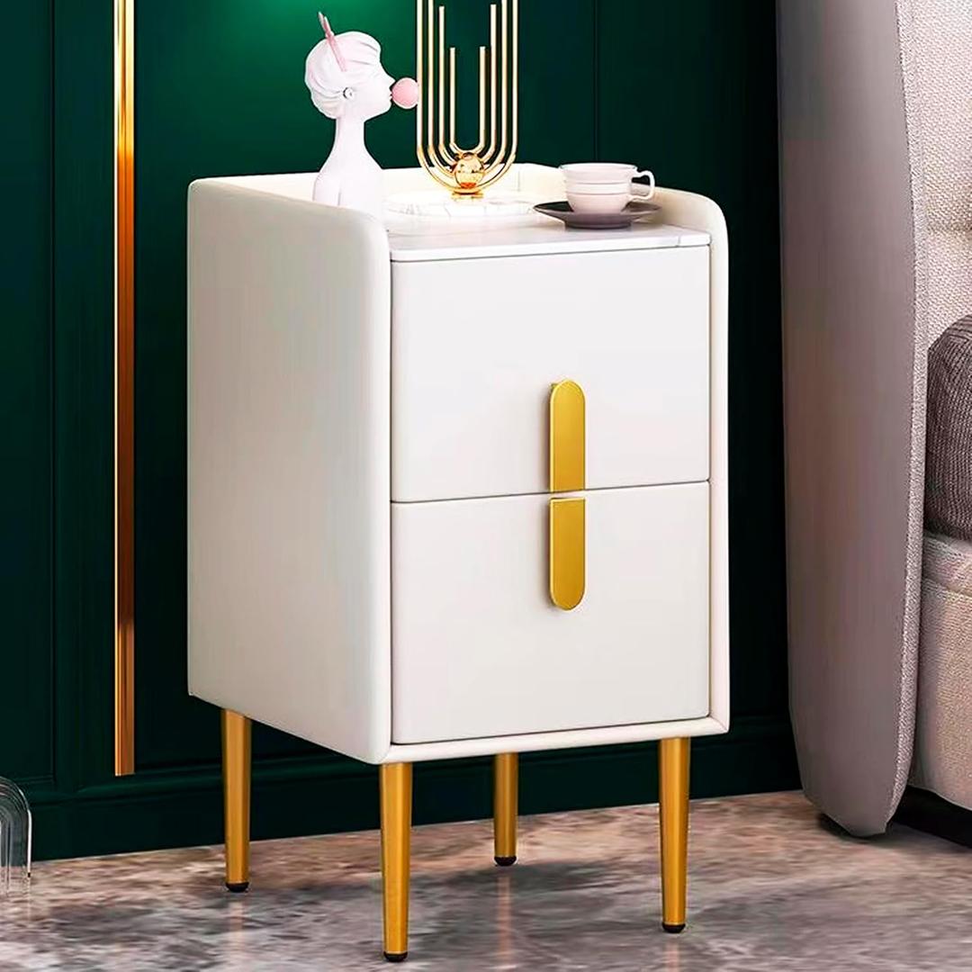 Modern Narrow Nightstand, Slim Skinny White Nightstand with 2 Drawers for Bedroom,Small End/Bedside Table, Textured Faux Leather & Marble-Patterned Synthetic Top