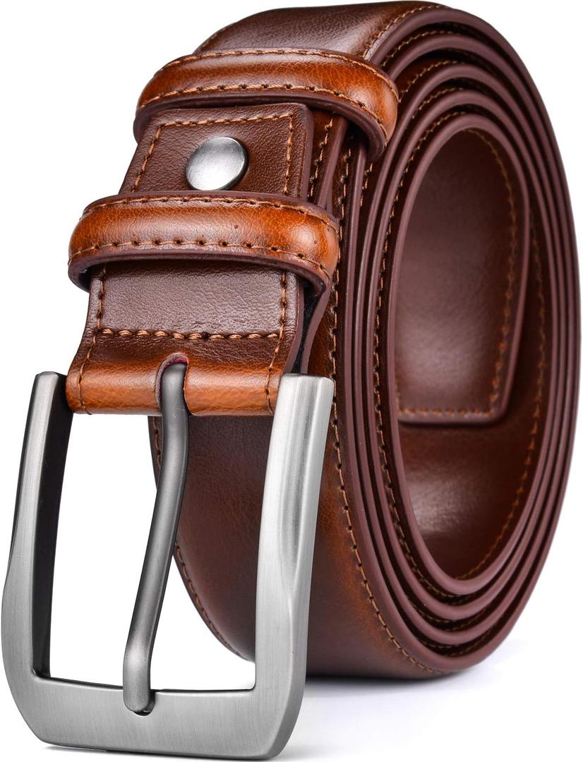 beltox fine Mens Casual Leather Jeans Belts 1 1/2 Wide 4MM Thick Alloy Prong Buckle Work Dress Belt for Men (36-38, Brown Belt With Silver Buckle)