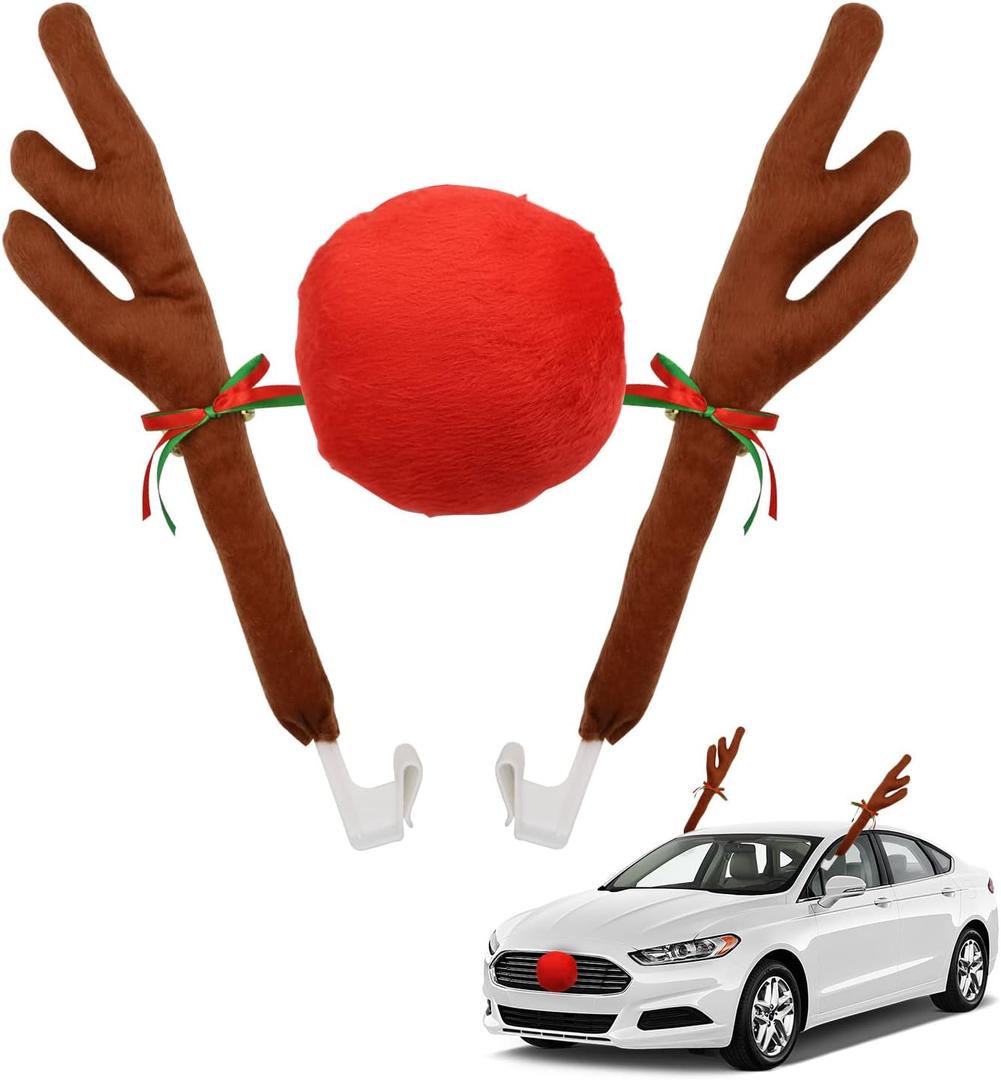 Abnaok Car Reindeer Antler Kit and Nose, Reindeer Christmas Decoration for Car Window Roof-Top & Front Grille,Christmas Reindeer Antlers Auto Decoration Set for Car SUV Van Truck