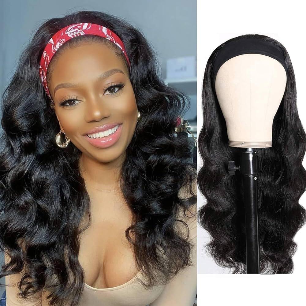 Headband Wig for Black Women, Long Wavy Synthetic Wigs Glueless Wear and Go Half Wigs Soft as Human Hair Body Wave Headband Wig (Black, 20 Inch)