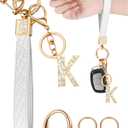 Letter Leather Wristlet Keychain Car Keys Keychain Bracelet Keychain Large Keychain for Girl Woman Personalized Gift,K-white