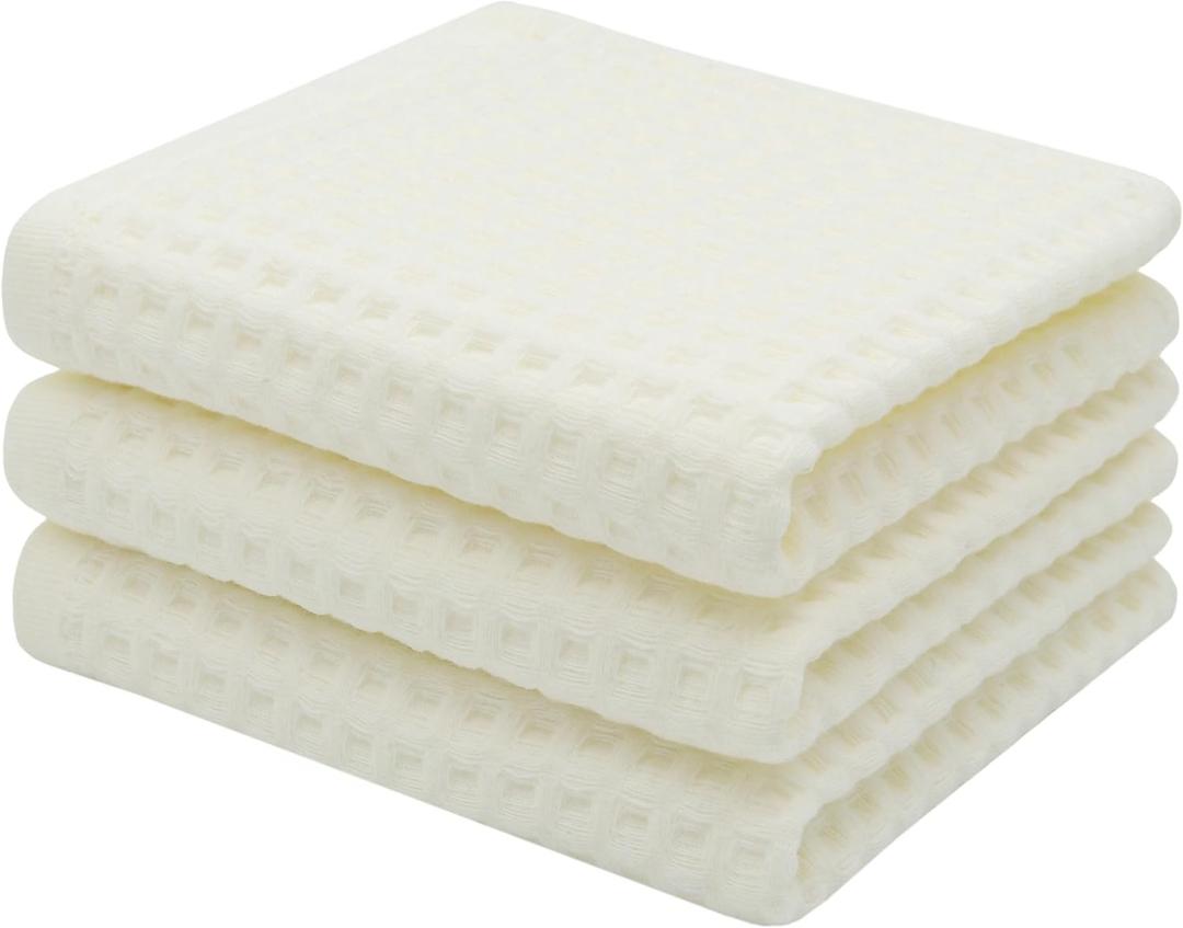 Mia's Dream Premium Cotton Waffle Bathroom Towel Set, 3 Pack Quick Drying Facial & Hand Towels, 13" x 27" (Beige)