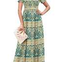 WEACZZY Maxi Dress for Women 2026 Summer V Neck Short Sleeve Swing Sundress Floral Print Formal Beach Vacation Elegant Long Dresses with Pockets, Blue Khaki, XXL