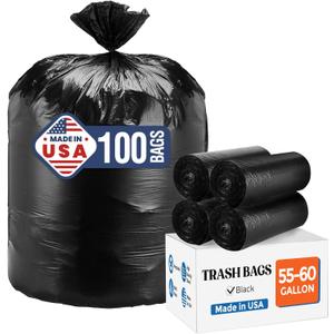 Delxo 55-60 Gallon Trash Bags, 100 Count 0.9 Mil Medium Duty Garbage Bags, Durable & Puncture-Resistant Plastic Bolsas para basura, Perforated Design Made in USA for Kitchen, Yard, Office (Black)