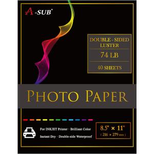A-SUB Premium Double Sided Photo Paper Luster 8.5 x 11 Inch 74lb for Inkjet Printers 40 Sheets