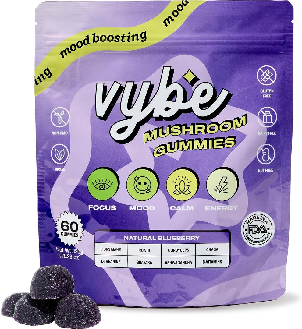 Vybe Daily Nootropic Gummies  8-in-1 Mushroom & Adaptogen Brain Supplement for Focus, Energy, and Mood with Lion's Mane, Cordyceps, Reishi, Chaga, Ashwagandha (Blueberry, 60-Count)