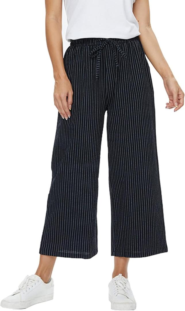 Womens Linen Wide Leg Pants High Waisted Drawstring Loose Pants with Pocket (Blue, S)