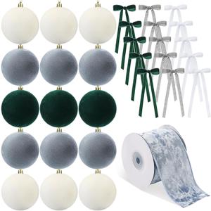 Syhood 46 Pcs Velvet Christmas Ornaments - 15 Pcs 3.15" Large Christmas Balls, 30 Flocked Bows, 1 Velvet Ribbon, Xmas Tree Hanging Decorations for Vintage Xmas Holiday Decor(Emerald/Grey/White)