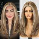 BLONDE UNICORN Ash Brown Human Hair Wigs,Grey Brown Highlight Lace Front Wig,13X5X1 Glueless Shoulder Length Curly Wigs for White Women,Fiber & Remy Human Hair Blend for Daily Use 18IN