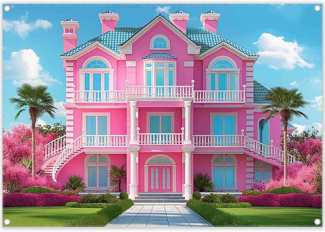Fabric 7x5ft Pink House Photography Backdrop Princess Castle Mansion Toy Background Summer Tropical Kids Dream Party Decorations Girl Birthday Photo Booth