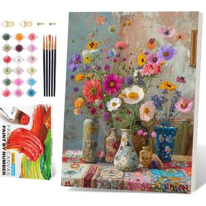 PRASIO Framed Paint by Numbers Kit for Adults Beginner, Vintage Flowers Adult Paint by Number Kits on Canvas Framed, DIY Acrylic Watercolor Oil Paint by Numbers with Frame for Home Decor 16x20 Inch (XM-OP-F-ColorfuVases-4050)