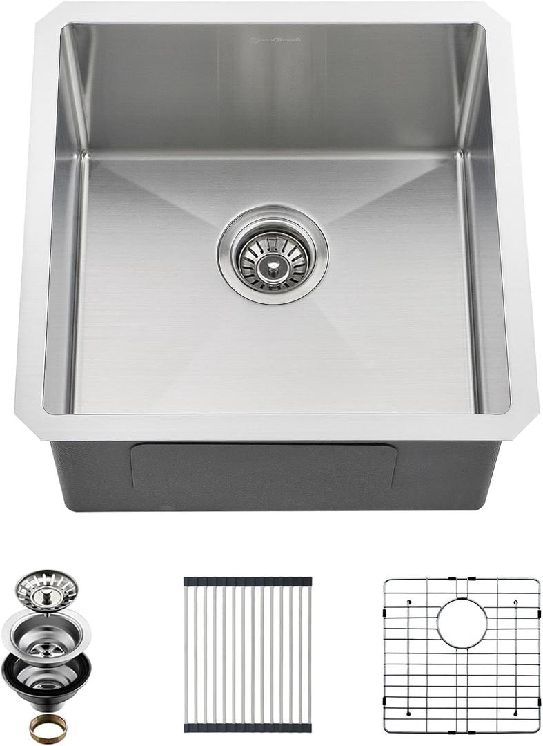 Undermount Kitchen Sink, 18 x 18 x 10 Inch Single Bowl Bar Sink 16 Gauge T-304 Stainless Steel Kitchen Sinks with Accessories