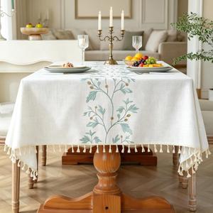 Laolitou Cotton Linen Spring Tablecloth for Dining Waterproof Rustic Farmhouse Kitchen Rectangle Table Cloth Coffee Table Cover, Beige, Green Coffee Flower, 55x120 Inch