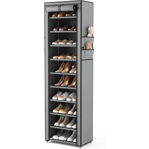 VTRIN Vertical Narrow Shoe Rack Organizer Tall Shoe Rack for Closet Entryway 10 Tier Non-Woven Cover Shoe Shelf Holds 20-22 Pairs Free Standing Shoe Storage Cabinet with Dustproof Cover, Grey