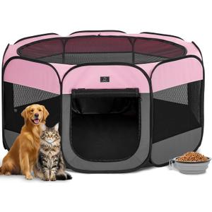 Dog Playpen for Small Dogs & Puppies, 50.39" Portable Indoor Outdoor Puppy Playpen with Bowl, Waterproof Floor, Foldable Pop-Up Pet Pen for Home, Travel & Daily Use, Pink+Grey