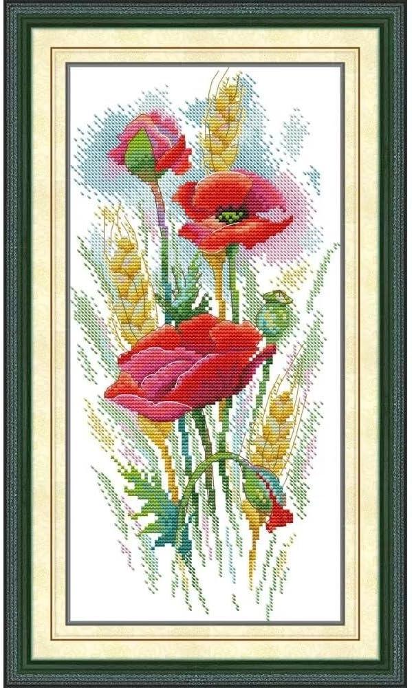 Stamped Cross Stitch Kits for Beginners- Full Set of Poppy Charm Embroidery for Adults,11 CT 3 Strands DIY Patterns Counted Arts Craft 9.518.5 inch