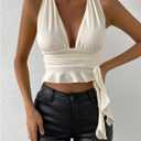 SOLY HUX Women's Sexy Deep V-Neck Halter Crop Top Summer Beach Vacation Clothes Y2K Trendy Tank Top for Going Out Party (Beige, M)