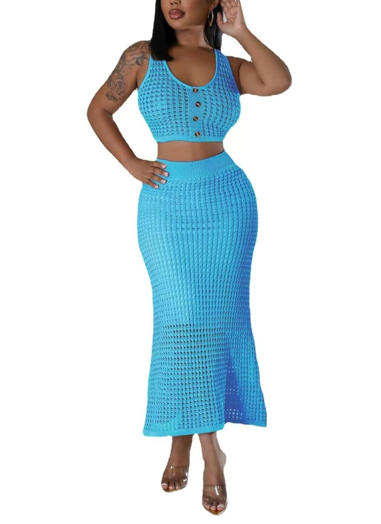 Women Plus Two-Piece Skirt Set Tassel Fishing Net Knittin Hollow Out Off Shoulder Beach Dresses Swimsuit Cover Ups, S