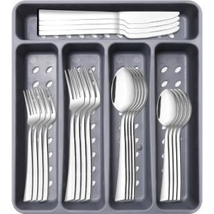 21-Piece Modern Stainless Steel Silverware Sets with Organizer Tray Silver Tableware Cutlery Set Fork Spoon and Knife Flatware Sets Heavy Duty Eating Kitchen Utensil Set Service for 4, Dishwasher Safe (12.8" x 11.3")