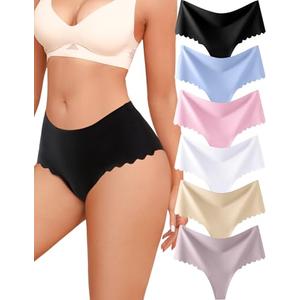 ALL OF SHE Thongs for Women High Waisted Seamless Underwear Women Wave Edge No Show Sexy Breathable Panties 6 Pack M