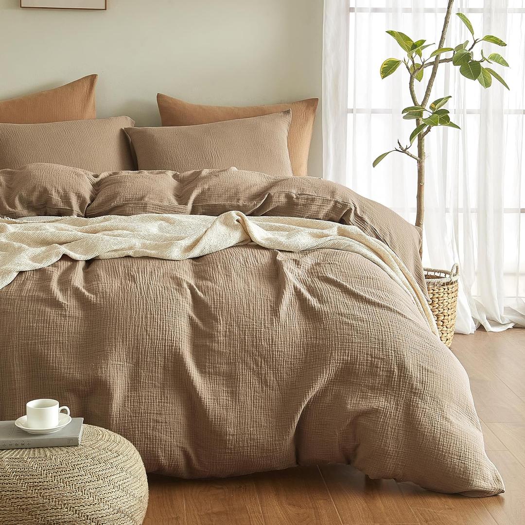 SE SOFTEXLY Muslin Duvet Cover Queen Size, 100% Washed Cotton Duvet Cover Set, Ultra Soft Comforter Cover Linen Like, 3 Pieces Minimalist Gauze Duvet Cover with 2 Pillowcases, 90"x90", Light Brown