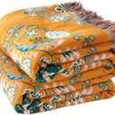 Boho Throw Blanket for Bed 100% Cotton Soft Lightweight Quilt Floral Embroidery Home Decor Spring Breathable Bed Blanket,80"x90" All Season Reversible Yellow Blankets for Sofa Couch Chair