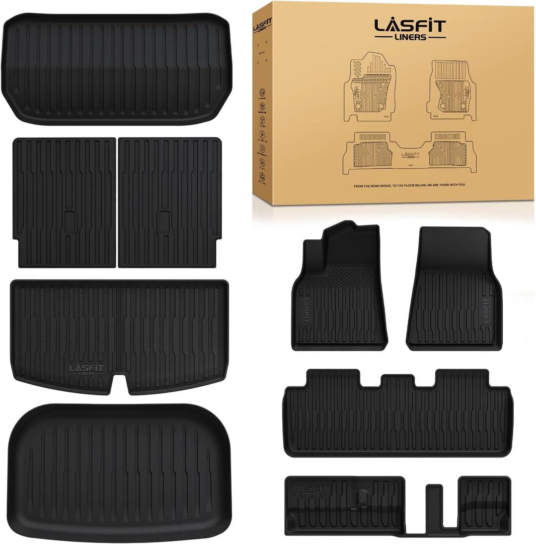 LASFIT 9PCS Floor Mats & Backrest Mats & Cargo Mats for Tesla Model Y 7 Seater 2025/2024/2023/2022/2021/2020 | All Weather TPE Custom Fit Interior Accessories Floor Liners, Black