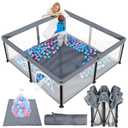 TOREVSIOR Foldable Baby Playpen with Mat, 50"50" Collapsible Play Pen for Babies and Toddlers, Indoor & Outdoor Kids Safety Play Pen, Portable Play Yard, Foldable Baby Playpen with 50 Ocean Balls (Grey)