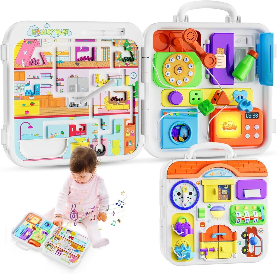 Toddler Montessori Toy Busy Board for 1-2 Year Old Boys Girls Gift, Baby Toy 12-18 Months, Musical Learning Educational Toys for 1 Year Old, 1st Birthday Baby Boy Girl Gifts (Orange)