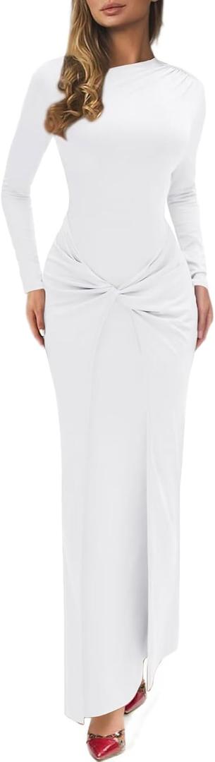 Mojessy Women Bodycon Maxi Dress Sexy Mock Neck Ruched Long Sleeve Long Dress Cocktail Party Dresses (Medium, White)