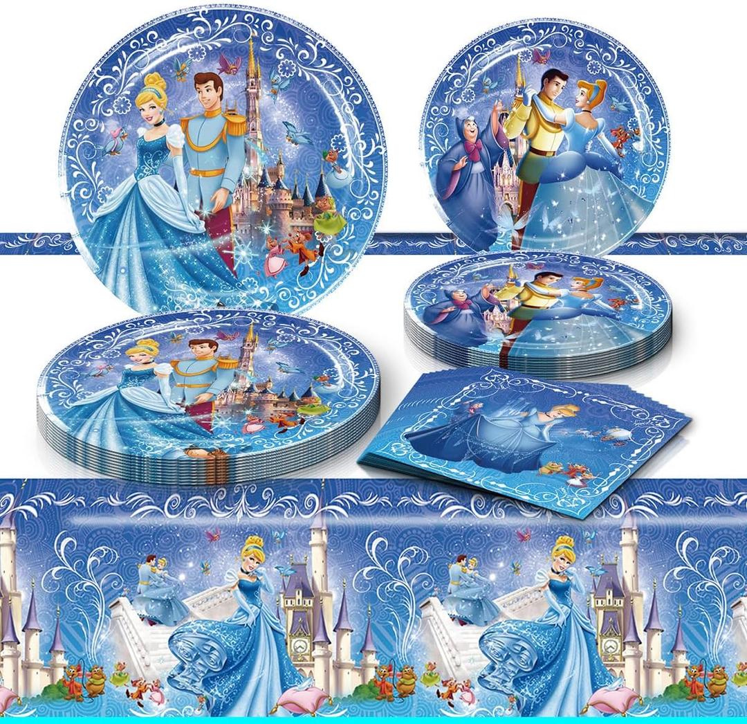 41Pack Cinderella Party Supplies include 7"10Pcs and 9" 10Pcs plates, 20 napkins Tablecloth for Cinderella birthday party decoration