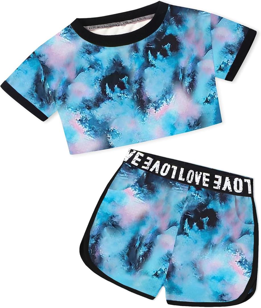 Betusline Girls Summer 2 Piece Outfits,Kids Short Sleeve Crop Top & Shorts Set with Side Pockets (Blue)