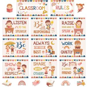 Harloon 43 Pcs Classroom Rules Posters Boho Class Rules Bulletin Board Motivational Educational Behavior Wall Decor Classroom Good Habits Banner for Student Back to School Party Wall Decor Supplies