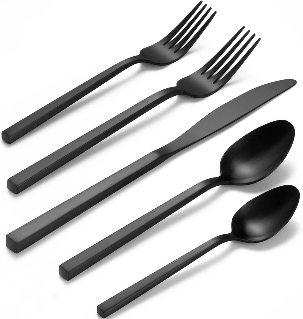 Alata Cube 45-Piece Forged Stainless Steel Flatware Set Cutlery Set with Utensil-Serving Set, Silverware Set Service for 8, Matte Satin Polished, Dishwasher Safe (Black)