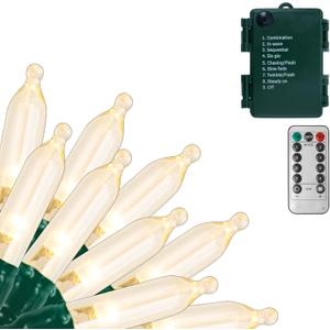 Battery Operated Christmas Lights, 33Ft 100 LED Warm White String Lights with Auto Timer & 8 Modes, Shatterproof Waterproof for Outdoor Indoor Wedding Party Home, Green Wire