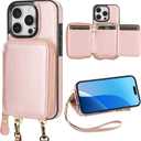 Bocasal RFID Blocking Wallet Case for iPhone 16 Pro, Adjustable Crossbody Zipper Purse Case Card Holder with Kickstand Detachable Wrist Strap, PU Leather Flip Folio Case 6.3 Inch 5G (Rose Gold)