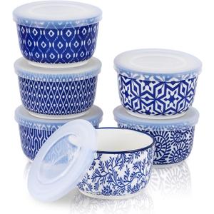 Selamica Ramekins with Lids, 8 oz Oven Safe Creme Brulee Ramekins with Covers, Souffle Dishes Pudding Custard Cups, Stackable Ceramic Small Ramekin Bowls Set for Baking, Dipping, Ice Cream, Set of 6, Vintage Blue