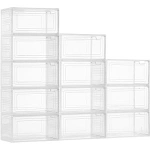 VEVOR Shoe Storage Boxes, 12 Pack Clear Stackable Shoe Boxes Storage Organizers with Magnetic Door, Fit up to US Size 13, Plastic Sneaker Containers for High Heels, Boots, and Hats, Transparent White