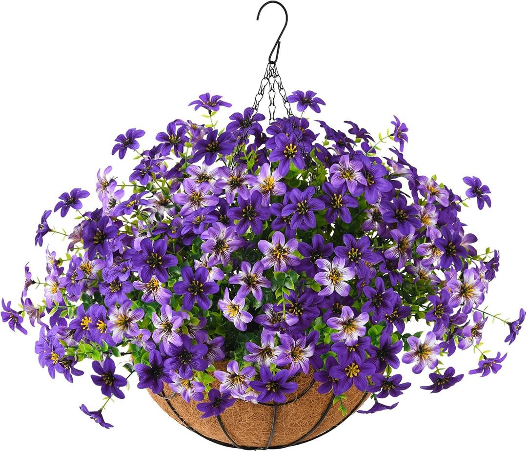 ZFProcess Artificial Flowers Hanging Baskets, Multicolor 12 Bundles Faux Flower Outdoor Hanging Basket Spring Summer Decoration, Fake Flowers Plants for Porch Patio Balcony Home Yard Decor (Purple)
