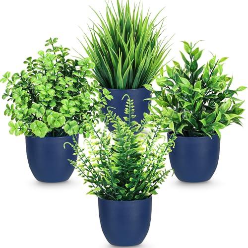 Der Rose 4 Pack Fake Plants Small Artificial Plants in Blue Pots Faux Plants Indoor for Home Kitchen Table Blue Bathroom Decor Accessories