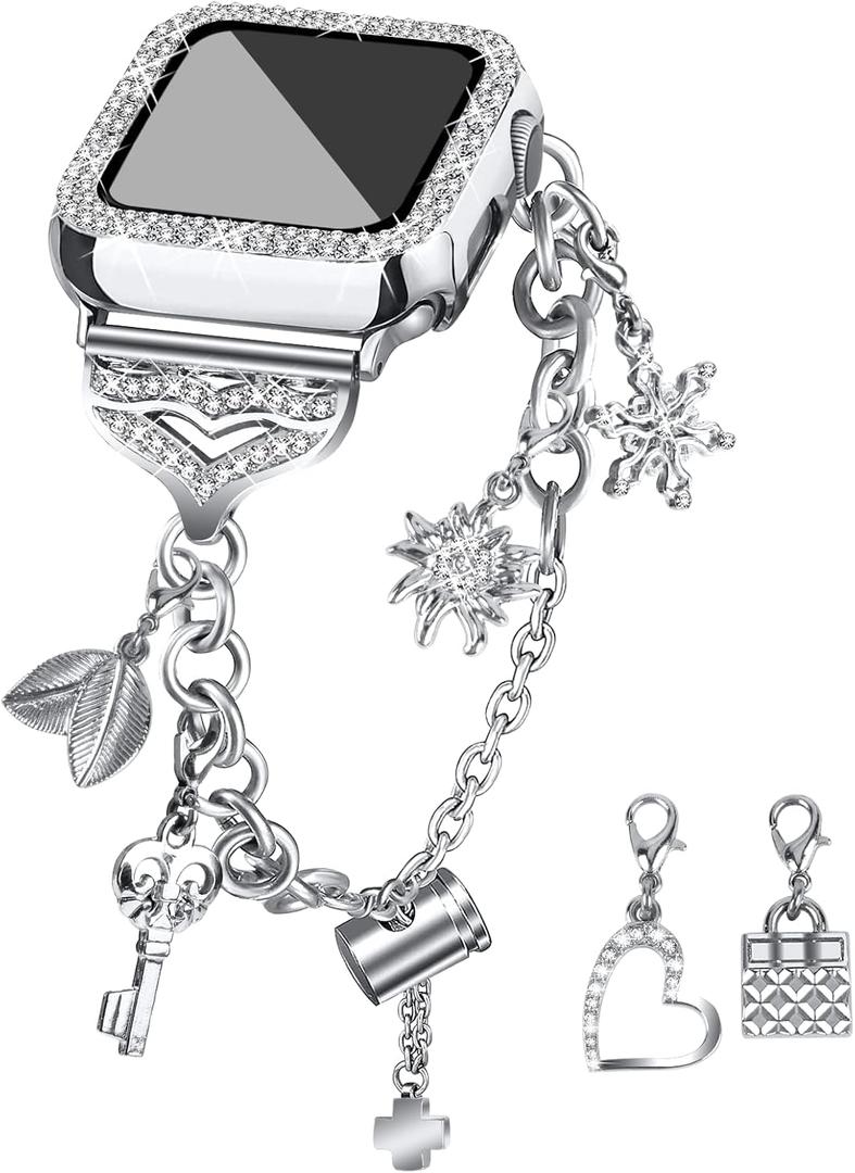 JOYOZY Band Compatible with Apple Watch 38mm 40mm 41mm 42mm 44mm 45mm 46mm, Bling Strap with Glitter Case Built-in Screen Protector, Interchangeable Charms Dressy Bracelet for Women (Silver)
