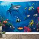 HVEST Blue Ocean Shark Tapestry Tropical Fish and Coral in Undersea World Tapestry Wall Hanging Sea Nature Landscape Wall Art for Bedroom Living Room Kids Tree Dorm Party Decor, 60W X 40H inches