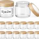 12 Pack 2 OZ Glass Jars with Lids, Small Glass Containers with Plastic Woodgrain Lids & Inner Liners, Reusable Travel Containers for Creams, Makeup, Lotion, Cosmetic, Ointment