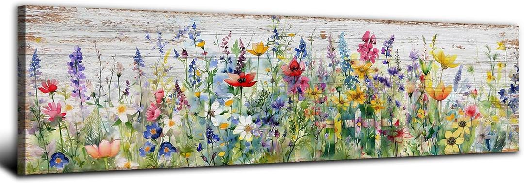 Rustic Wildflower Wall Art Colorful Farmhouse Floral Scenery Picture Decor Watercolor Flower Landscape Wood Grain Prints Painting Artwork for Living Room Office Bathroom Bedroom Home Decoration 14x48" (14L" x 48W")