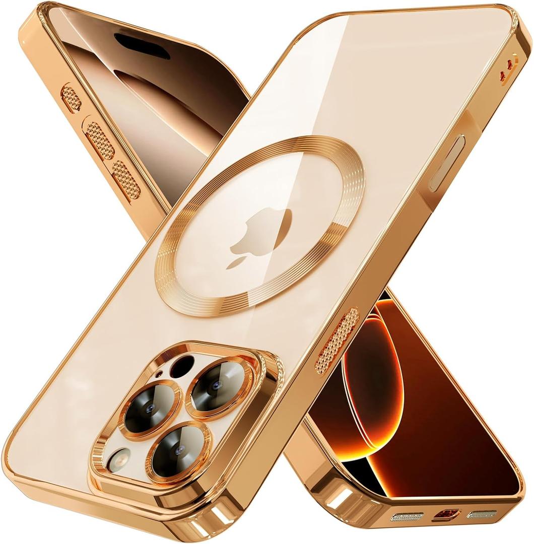 Magnetic Case for iPhone 16 Pro Max Electroplated Clear TPU Soft Phone Case [Full Camera Lens Protection] Non-Yellowing N56 Magnets Compatible with MagSafe (Desert Titanium Gold)