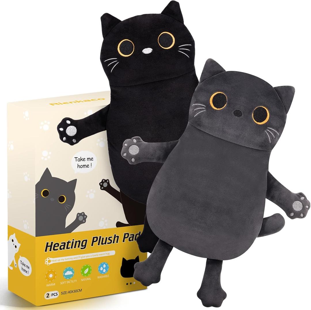 2PCS Microwave Heating Pads for Cramps Pain Relief, 16 * 12'' Moist Microwavable Period Menstrual Heat Packs for Cramps, Back, Neck Shoulder and Knee, Cute Stuffed Animal Heating Pads - Hot Compress (Black Cat+Grey Cat)