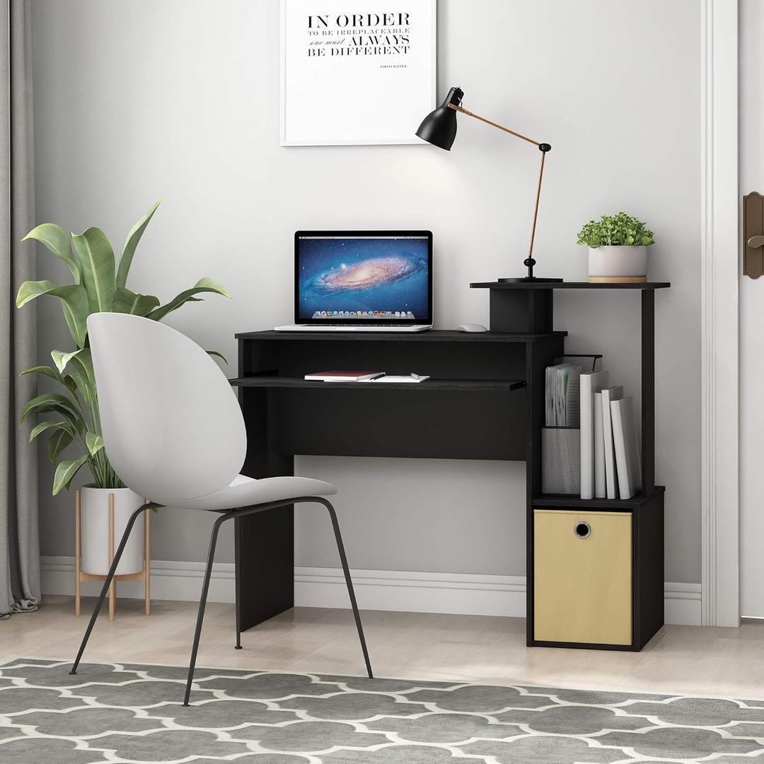 Furinno Econ 40-Inch Computer Desk Side Shelves, Office Desk with Keyboard Tray and Storage Bins, Rectangular Gaming Desk for Home Office, Bedroom, Study Room, Classic Black, Compact